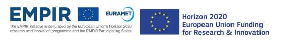 Tekstit: "The EMPIR iniative is co-funded by the European Union's Horizon 2020 research and innovation programme and the EMPIR Participating States" ja "Horizon 2020 European Union Funding for research & Innovation". Kaksi Euroopan unionin logoa ja EURAMET logo. 
